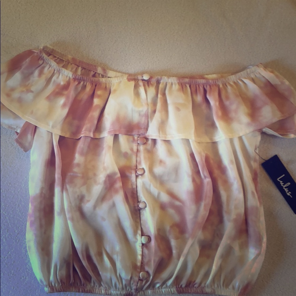Light pink and white off the shoulder crop top